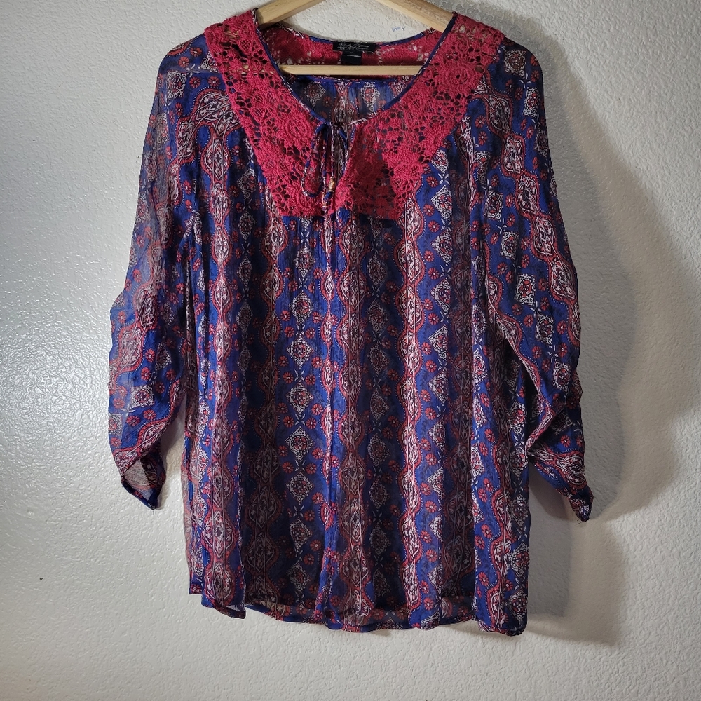 Lucky Brand  Sheer  Boho Long sleeve Blouse